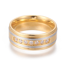 Золотой & Цвет Нержавеющей Стали 304 палец кольца из нержавеющей стали, с кубического циркония, широкая полоса кольца, прозрачные, золотые и нержавеющая сталь цвет, Размер 7~10, 17~20 мм
