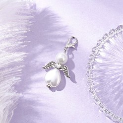 Белый Подвеска в форме сердца ангела из стекла и АБС-пластика с имитацией жемчуга, с цинковым сплавом застежками омаров коготь, белые, 40 мм