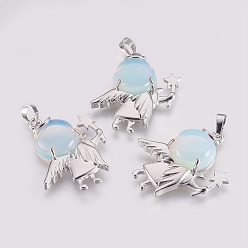 Опал Opalite подвески, с латунной фурнитурой платинового цвета, ангел, 37x32x8 мм, отверстие : 5x8 мм