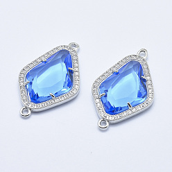 Cornflower Blue Brass Micro Pave Cubic Zirconia Links, with Glass, Faceted, Rhombus, Platinum, Cornflower Blue, 33x20x5mm, Hole: 1.6mm