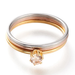 Light Peach 304 Stainless Steel Finger Rings, Stackable Rings, with Rhinestone, Flat Round, Mixed Color, Light Peach, US Size 7~7 3/4(17.3~17.9mm), 3pcs/set