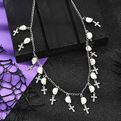 Skull Хэллоуин 304 ожерелья из нержавеющей стали с кисточками из синтетической бирюзы, цветочный белый, цвет нержавеющей стали, череп, 18.11 дюйм (46 см)