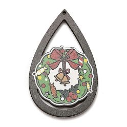 Christmas Wreath Древесины подвески, слеза, прелести рождественской тематики, Рождественский венок, 55x34x2.5 мм, отверстие : 1.6 мм