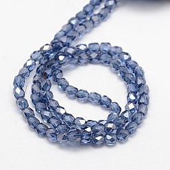 Blue Electroplate Glass Beads Strands, Half Plated, Faceted, Cube, Blue, 4x4x4mm, Hole: 1mm, about 100pcs/strand, 15.7 inch