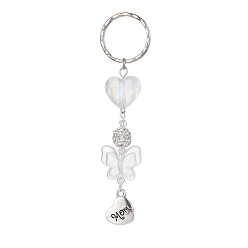 Platinum Alloy Heart with Word Mom Pendant Keychain, with Acrylic Butterfly and Iron Split Key Rings, Platinum, 10.4cm