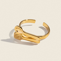 Настоящее золото 18K 304 открытые кольца манжеты из нержавеющей стали, ложка вилка, ионное покрытие (ip), реальный 18 k позолоченный, внутренний диаметр: 17.8 мм