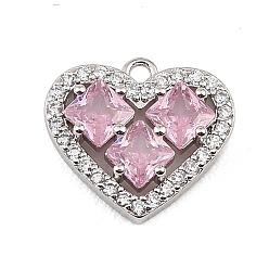 Platinum Brass Micro Pave Pink Cubic Zirconia Charms, Heart Charms, Rack Plating, Long-Lasting Plated, Cadmium Free & Lead Free, Platinum, 13.5x15x4mm, Hole: 1.2mm