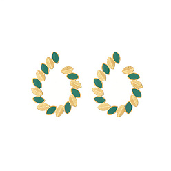 Green Golden 304 Stainless Steel Stud Earrings with Enamel, Teardrop with Leaf, Green, 28.6x23mm