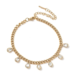 Кристалл 304 браслеты с подвесками в форме слезы из нержавеющей стали со стразами, браслеты из цепочек панцирного плетения для женщин, золотые, кристалл, 7-1/8 дюйм (18.2 см)