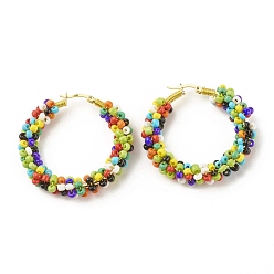 Разноцветный Серьги-кольца из стеклянных бусин для женщин, настоящие 18k позолоченные большие круглые латунные серьги-кольца, красочный, 44x45x8.5 мм, штифты : 1.4x0.4 мм