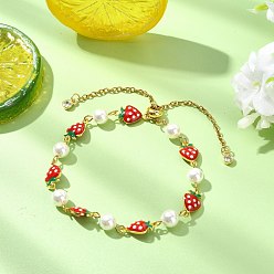 Real 18K Gold Plated Adjustable Brass Enamel Slider Bracelets, Link Chain Bracelets for Woman, Strawberry, with Shell Pearl Beads, Real 18K Gold Plated, Inner Diameter: 1.93~3.31 inch(4.9~8.4cm)