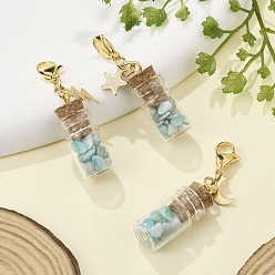 Золотой Натуральный амазонитовый осколок внутри стеклянной бутылки желаний подвеска украшение, с подвесками из нержавеющей стали в виде звезд, луны и молний, золотые, 42 мм, 3 шт / комплект