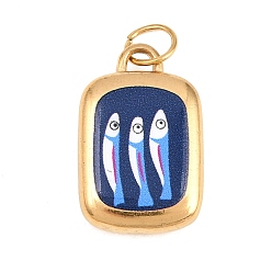 Синий 304 нержавеющей стальной эмали подвески, прямоугольник с подвесками в виде рыбок, золотые, синие, 21x13.5x4.5 мм, отверстие : 4 мм