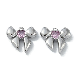 Plum Brass Charms, with Glass, Bowknot, Real Platinum Plated, Plum, 13x14x3mm, Hole: 1.4mm