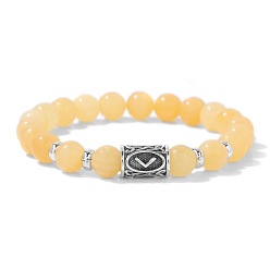 Jade Amarillo Pulseras elásticas redondas de cuentas de jade amarillo natural de aleación con runas vikingas nórdicas 8mm, plata antigua, 7.48 pulgada (19 cm)