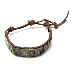 Унакит Коровьей кожаные браслеты шнура, с прямоугольными бусинами из натурального унакита и фурнитурой из сплава, 9~11 дюйм (23~28 см)