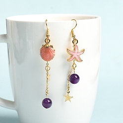 Amethyst Natural Amethyst Dangle Earrings, Alloy Enamel Starfish & Shell Asymmetrical Earrings for Women, 75x8mm