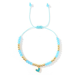 Голубой Браслеты с подвесками в виде сердечек из латуни с эмалью, Браслеты из плетеных бусин из стекла и латуни для женщин, золотые, голубой, 11.02 дюйм (28 см)