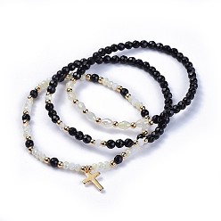 Glass Stretch Bracelets Sets, Stackable Bracelets, with Electroplate Glass Beads, Natural Black Agate and Brass Findings, Cross, Cardboard Box, 2-1/8 inch(5.5cm), 3pcs/set