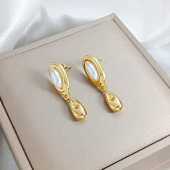 Oval 304 Серьги-подвески из нержавеющей стали и пластика с жемчужными вставками, золотые, овальные, 35 мм