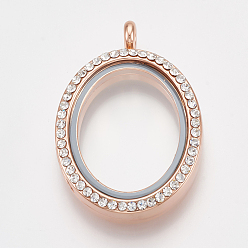 Rose Gold Alloy Magnetic Locket Pendants, with Rhinestone and Glass, Oval, Crystal, Rose Gold, 38.5x26.5x8mm, Hole: 3.5mm, Inner Measure: 23x18mm