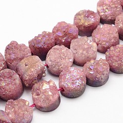 Pink Гальванические натуральный druzy нити кристалл кварца шарик, плоско-круглые, окрашенные, розовые, 12x5~10 мм, отверстие : 1.5 мм, около 16 шт / нитка, 7.8 дюйм