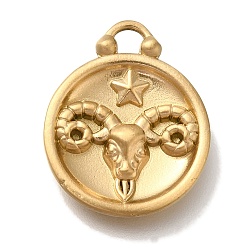 Овен Вакуумное покрытие pvd 304 подвески из нержавеющей стали, плоский круглый с шармом созвездий, реальный 18 k позолоченный, Овен, 20.5x16.5x2.5 мм, отверстие : 2~2.2 мм