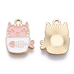 Pink Золотили эмали сплава подвески, кошка, без кадмия и без свинца, розовые, 19.5x14.5x1.5 мм, отверстие : 2 мм