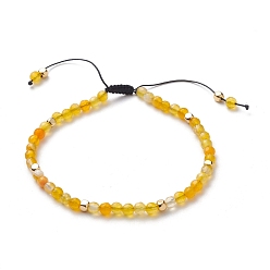 Gold Adjustable Nylon Thread Braided Bead Bracelets, with Round Natural Agate Beads and Golden Plated Cube Brass Beads, Gold, Inner Diameter: 2-3/8~3-1/2 inch(5.9cm)