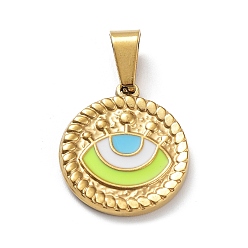 Зелено-Желтый Ионное покрытие (ip) 304 подвески из нержавеющей стали, с эмалью, золотые, плоский круглый с оберегом от сглаза, зеленый желтый, 18.5x16.5x2 мм, отверстие : 7.5x3.5 мм