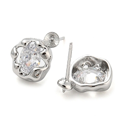 Real Platinum Plated Rhodium Plated Flower 925 Sterling Silver with Clear Cubic Zirconia Stud Earring Findings, Earring Settings for Half Drilled Beads, with S925 Stamp, Real Platinum Plated, 13x10mm, Pin: 11x0.7mm and 0.7mm