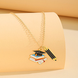 Hat Back to School Alloy Enamel Pendant Cable Chain Necklaces, Golden, Black, Graduation Cap and Pencil, 15.75 inch(40cm), pendant: 21x5mm & 21x21mm