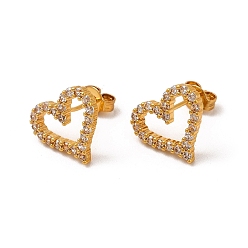 Real 18K Gold Plated Rack Plating Brass Micro Pave Cubic Zirconia Stud Earrings, Long-Lasting Plated Heart Earring for Women, Cadmium Free & Lead Free, Real 18K Gold Plated, 12x13mm, Pin: 0.8mm