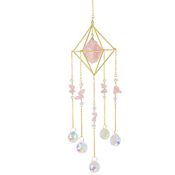 Розовый Кварц Подвеска из натурального розового кварца, со стеклянной подвеской-каплей, подвесные украшения для патио, окна комнаты, золотые, 500 мм