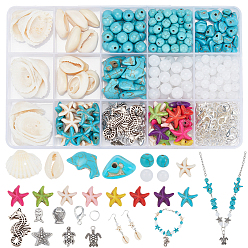 Couleur Mélangete Kit de fabrication de bijoux océaniques à faire soi-même, y compris les étoiles de mer et les dauphins et les copeaux de turquoise synthétique et de coquillages naturels et de perles acryliques imitées de pierres précieuses, anneau de fer, pendentif et fermoirs en alliage, couleur mixte, 406 pcs / boîte