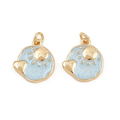 Светло-Синий Латунь эмаль подвески, плоский круг с подвесками в виде солнца и сердца, стойки покрытие, без кадмия и без свинца, долговечный, реальный 18 k позолоченный, с целью перехода в кольце, голубой, 13.5x12.5x2 мм, отверстие : 2 мм