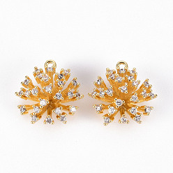 Настоящее золото 18K Латунные микропаве прозрачные подвески с фианитом, без кадмия, без никеля и без свинца, цветок, реальный 18 k позолоченный, 15.5x15x8 мм, отверстие : 1.2 мм