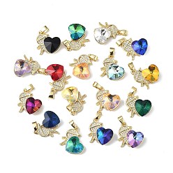 Mixed Color Real 18K Gold Plated Rack Plating Brass Micro Pave Clear Cubic Zirconia Pendants, with Glass, Long-Lasting Plated, Cadmium Free & Lead Free, Boy with Heart Charm, Mixed Color, 19.5x18x7.5mm, Hole: 5.5x3.5mm
