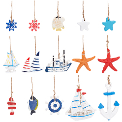 Mixed Color 15Pcs 15 Style Ocean Theme Resin Pendant Decorations, with Hemp Rope, Fish, Anchor, Helm, Boat, Starfish, Mixed Color, 42~94x29~82x4.5~12.5mm, 1pc/style