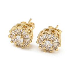 Real 18K Gold Plated Brass Micro Pave Cubic Zirconia Ear Studs, Flat Round, Real 18K Gold Plated, 11mm