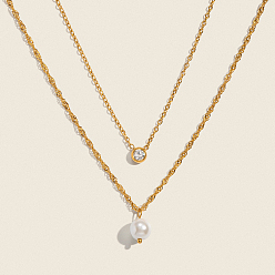 Настоящее золото 18K 304 Двухслойные ожерелья для женщин из нержавеющей стали с прозрачными кубическими цирконами и имитацией жемчуга, белые, реальный 18 k позолоченный, 15.35 дюйм (39 см)