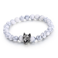 Говлит Природные Howlite круглых бусин растягивать браслеты, ювелирные изделия из нержавеющей стали для мужчин, волк