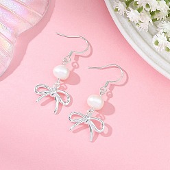 Серебро Женские серьги-подвески из натурального культивированного пресноводного жемчуга и латунного бантика., с крюком из нержавеющей стали 304, серебряные, 45.5x19.5 мм