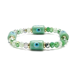 Dark Sea Green Column with Evil Eye Lampwork & Glass Beaded Stretch Bracelet for Women, Dark Sea Green, Inner Diameter: 1-7/8 inch(4.7cm)