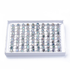 Antique Silver Acrylic Finger Rings, with Alloy Findings, Abalone Shell/Paua Shell Pattern, Mixed Size, Oval, Antique Silver, Size 6~10(16~20mm), 100pcs/box