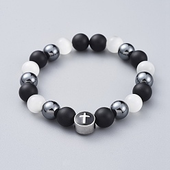 White Men's Stretch Bracelets, with Cat Eye, Natural Agate, Non-Magnetic Synthetic Hematite and 304 Stainless Steel Enamel Beads, with Burlap Bags, White, 2-3/8 inch(6cm)