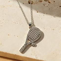 Tennis Sports Theme Brass Micro Pave Clear Cubic Zirconia Pendant Necklaces, Platinum, Tennis Racket, 17.72 inch(45cm), Pendant: 35x19mm
