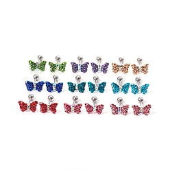 Couleur Mélangete 316 boucles d'oreilles cartilage en acier inoxydable chirurgical, avec strass, papillon, couleur mixte, 7x10mm, pin: 1 mm, perles: 4 mm