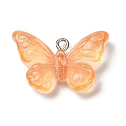 Orange Transparent Resin Pendants, Butterfly Charm, with Platinum Iron Eye Pin & Glitter Powder, Orange, 17.5x28x7.5mm, Hole: 2mm