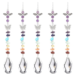 Античный Серебристый & Платиновый Стеклянная каплевидная люстра, подвесные украшения, подвесные ловцы солнца, чипсы из драгоценных камней чакры и звено в виде бабочки для украшения домашнего офиса и сада, старинное серебро и платина, 312 мм